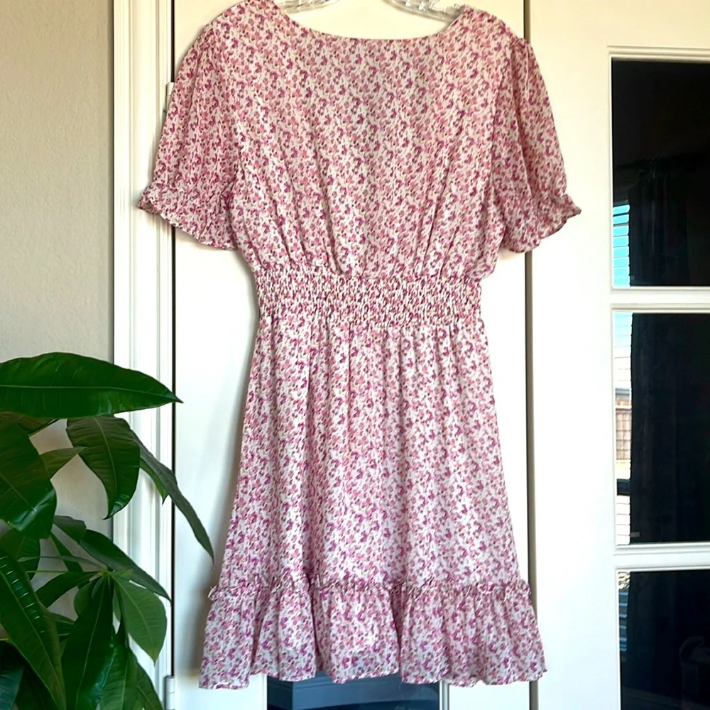 She+Sky pink floral sheer lined ruched waist v-neck boutique dress, Medium - Picture 5 of 8